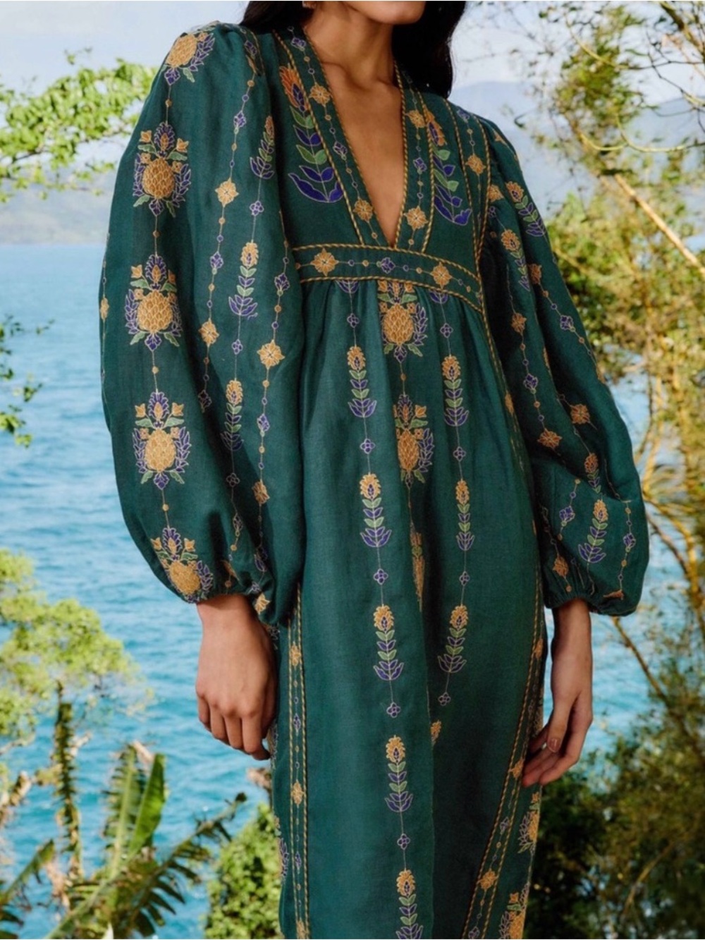 FARM Rio 100% Linen Dark Green Floral Embroidered Balloon Sleeve Midi Dress XS
